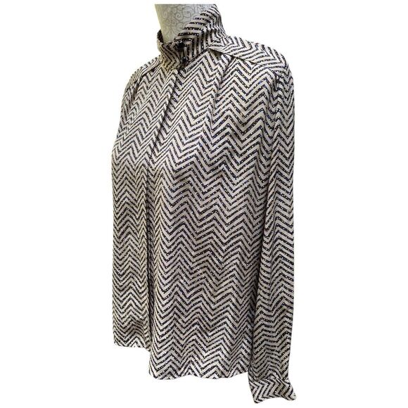 Vintage Helen Fabricant Blouse 10 Chevron Print 80s Office Shoulder Pads Beige - Picture 3 of 12